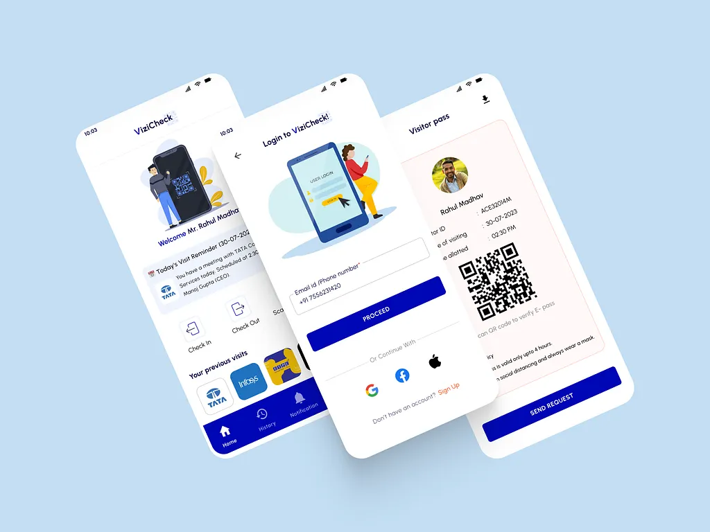 Illustrative visitor-management mobile screens