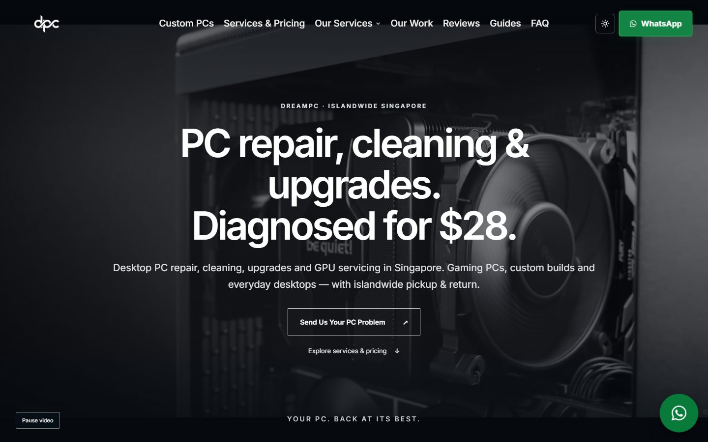 DreamPC website homepage showing PC repair and servicing